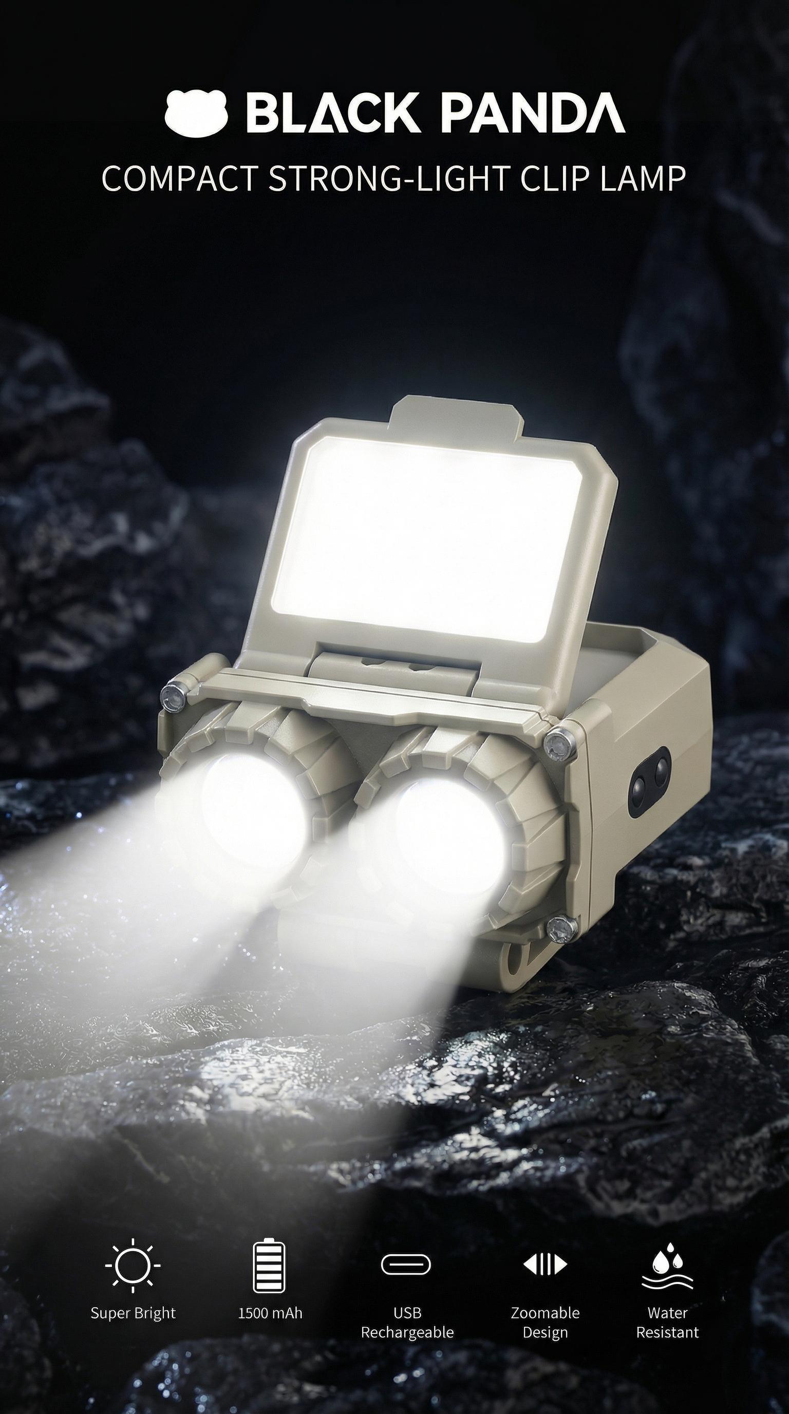 Black Panda-headlamp Max 500 Lumens Motion Sensor Hat Clip USB Rechargeable