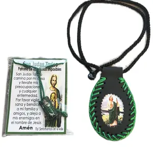 (Set of 2) San Judas Unisex Leather Scapular Necklace (14 Inches) with Saint Jude Image Prayer, Unique Design, Comfortable Fit for Men and Women
