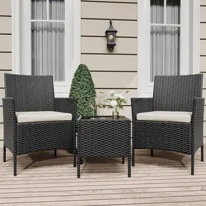 Gaomon 3-Piece Patio Furniture Set - UV Resistant PE Rattan Wicker Chairs with Soft Cushions, Tempered Glass Coffee Table, All-Weather for Garden, Backyard, Porch (Black/Beige)