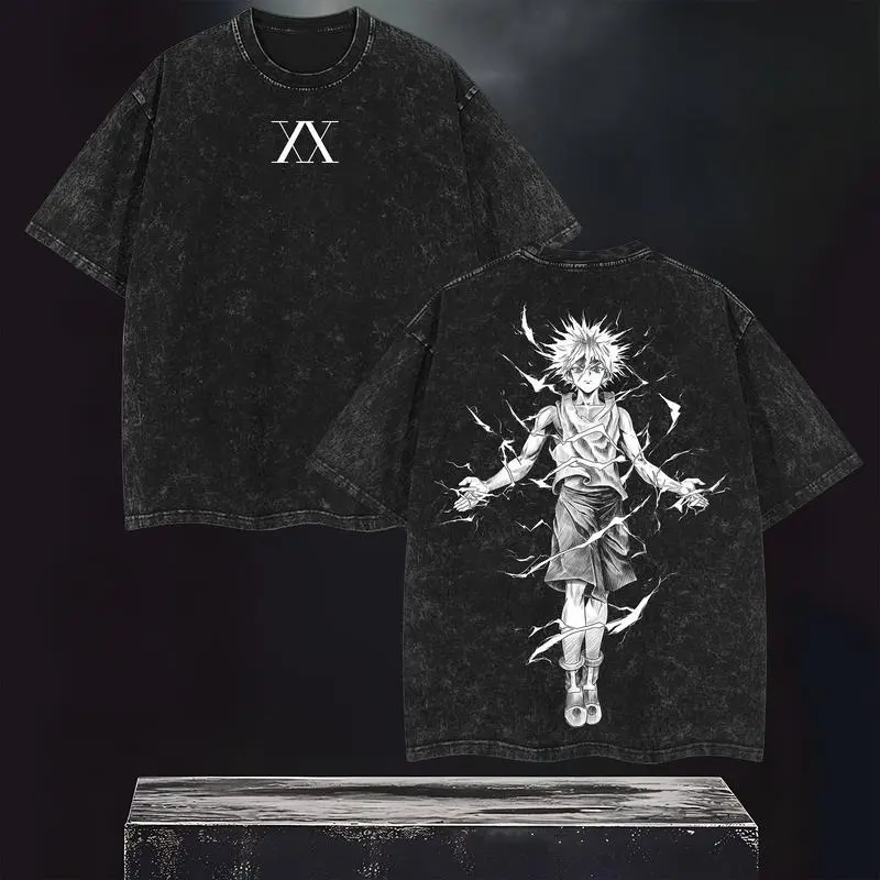 valentine shirts Retro Heavy Limited "Killua Zoldyck" Hunter x Hunter Anime Vintage Washed Tee Unisex Oversized Anime Manga Acid Washed Heavyweight Soft Cotton T-Shirt , Gift For Anime Lover Clothing Menswear