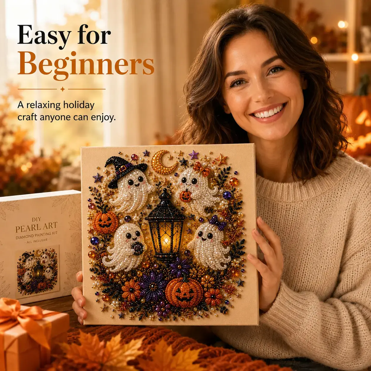 Halloween Ghost 3D Pearl Diamond Art Kit, Cute Mini Beaded Mosaic Craft, Easy DIY Holiday Wall Decoration & Spooky Season Gift Idea