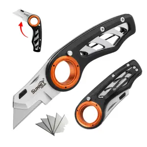 EDC Folding Box Cutter, Compact Lightweight Aluminum Handle Tool with 5 SK5 Replacement Blades, All Metal, Belt Clip, Mens Gifts for Home & Office, Outdoor Work