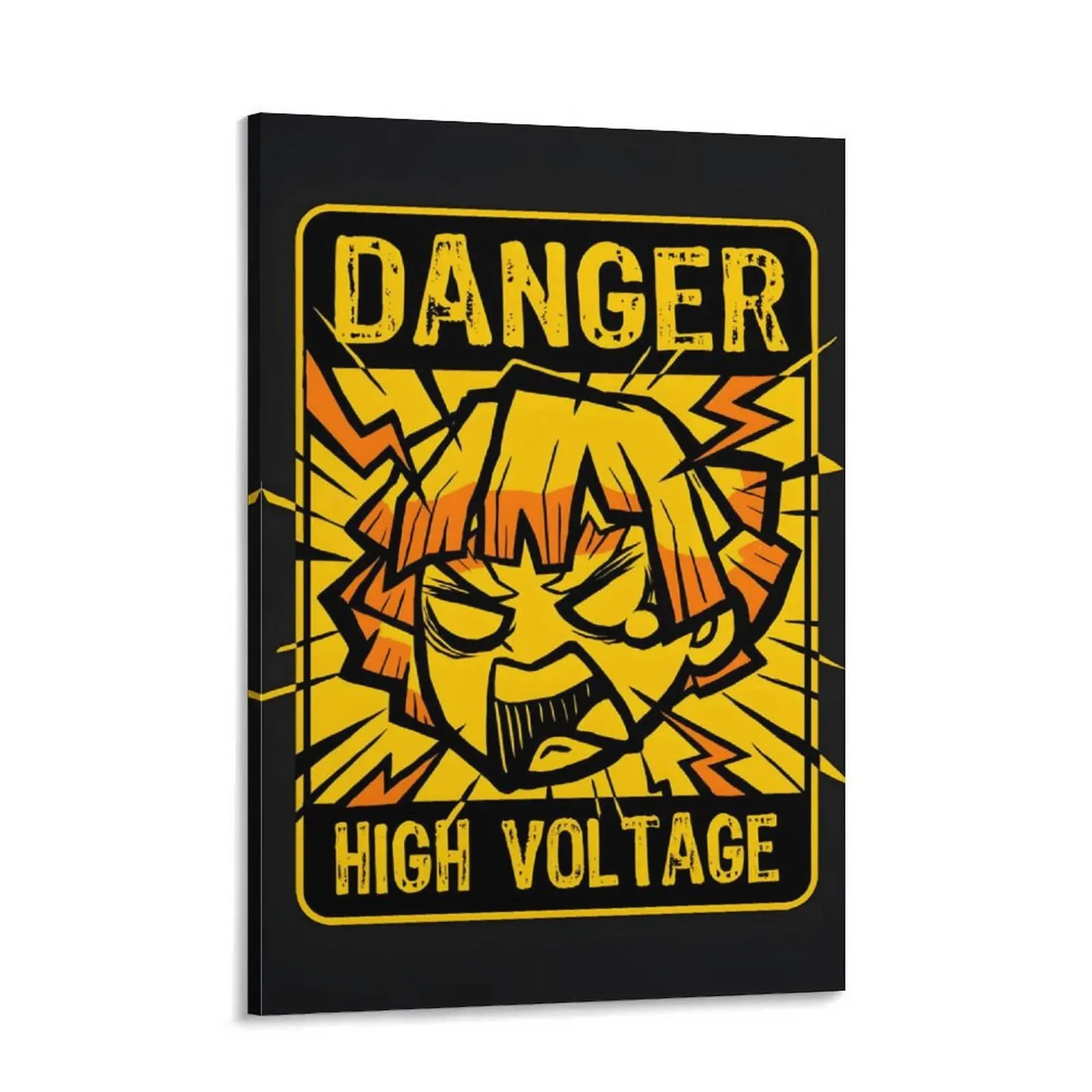 Demon Slayer Zenitsu Agatsuma Distressed Look Canvas Wall Art with Wood Frame, High Voltage Warning Sign Anime Print for Bedroom, Living Room Home Decor