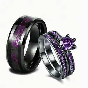 Fashionable couple rings for men and women,  Purple CZ stone, wedding ring, engagement