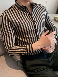 Men's Striped Shirt, Slim Fit, Business Casual Versatile, Fitted Style, All Seasons Wear, Plain Pattern, No Ca Prop 65 Warning