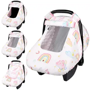 VVH Baby Carseat Cover Girls, Pea Pod Unicorn Infant Car Seat Covers Canopy for Newborn with 2 Layers Windows of Breathable Mesh/Fabric, Lightweight Polyester/Minky Dot Backing, Snug Fit