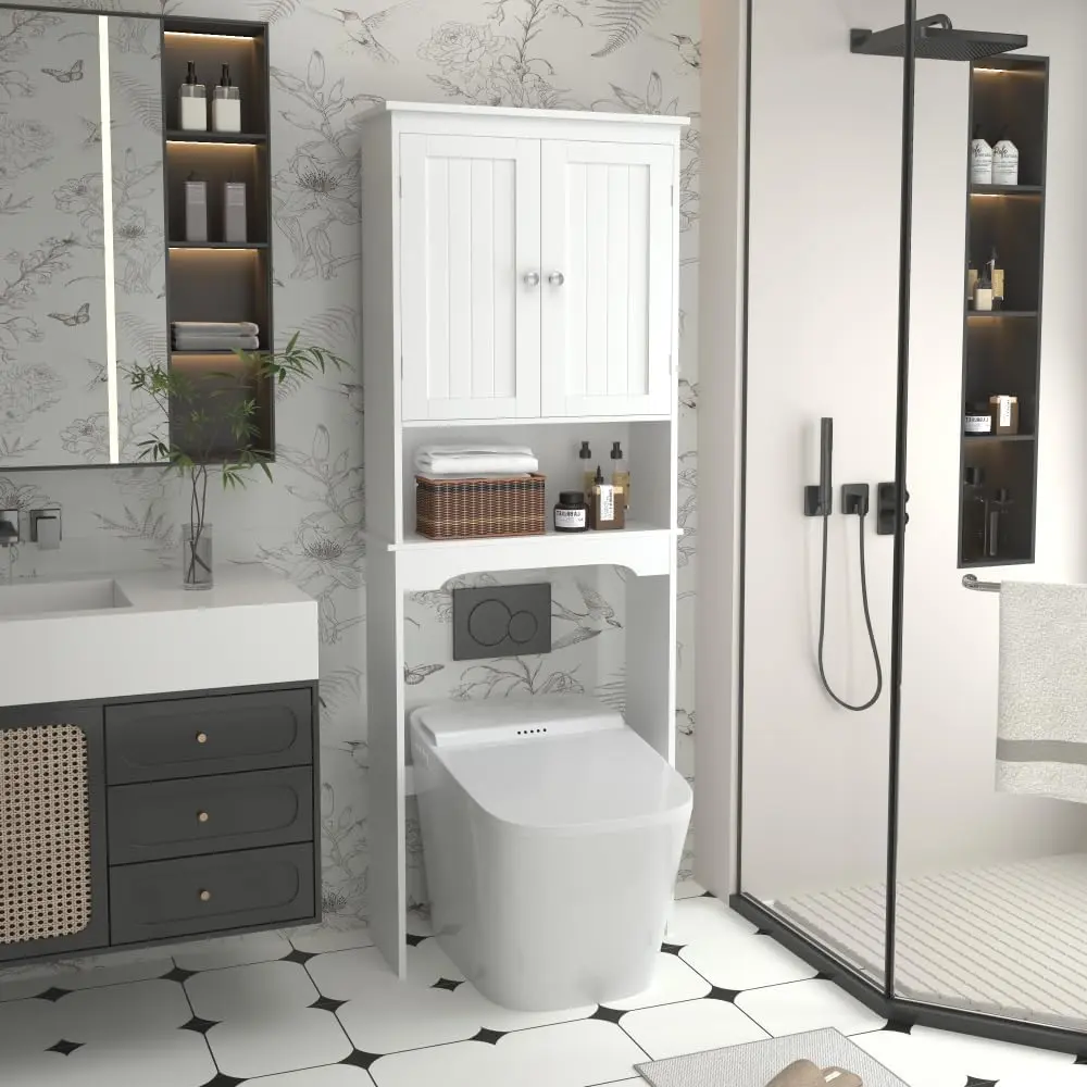 Modern Over-The-Toilet Tall Wood Cupboard - 69.69in Freestanding Sturdy Wall Bathroom Cabinet, 2-Tier UV-Painted White MDF Space Saver with Double Doors, Adjustable Hardware, Free-Standing