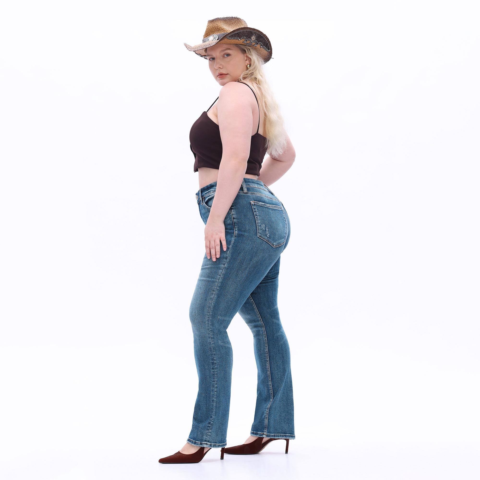 ONESO Plus Size Tummy Control Medium Stretch Jeans Slimming Straight Leg Denim for Pear Shaped Women, Comfortable Curvy Fit, Up to size 24W BBL Effect