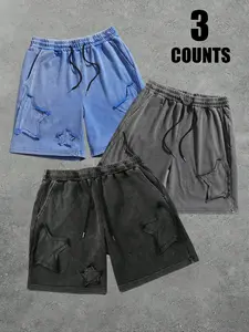 Men's 3-Pack Vintage Wash Star Patch Sweat Shorts, Grunge Streetwear Casual Shorts