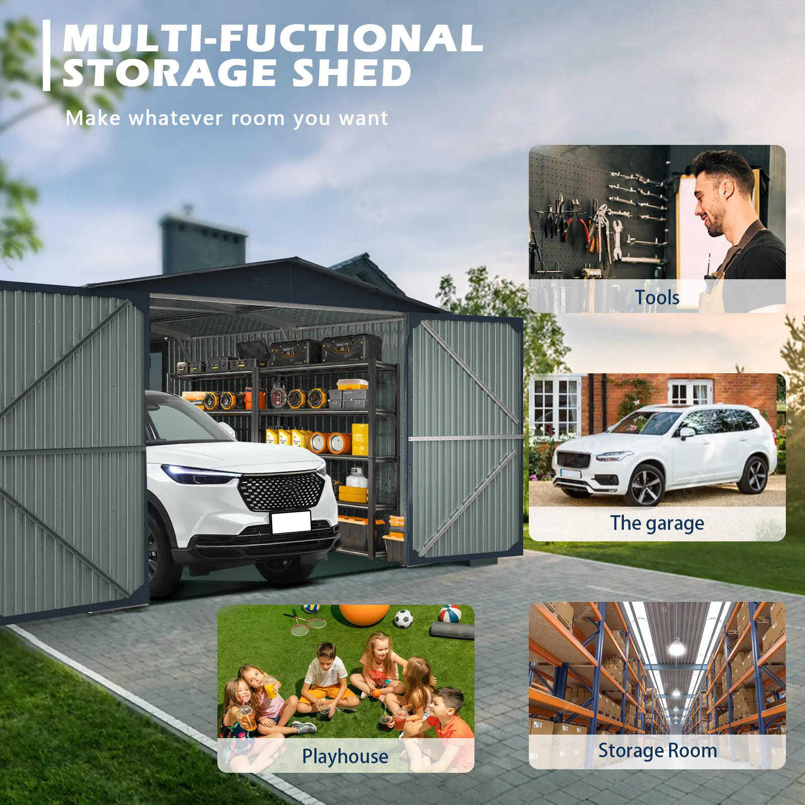 13'x20' Upgraded Metal Outdoor Garage Shed with Double Front Doors and Side Entry – Heavy-Duty Storage Solution