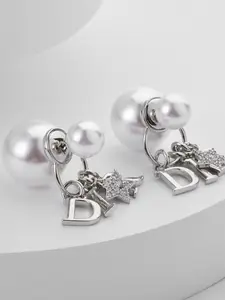 Elegant Silver Color Zirconia Pearl Earrings, Sparkling C Shape Design, Versatile Fashion Jewelry for Women, High-End Luxury Look