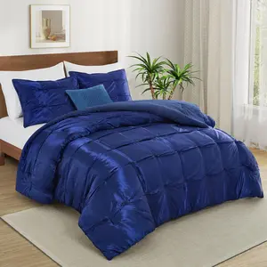 Full/ Size Satin Comforter Set Navy Blue, 3 count Soft and Lightweight Silk Bedding,  Season  Down Alternative Comforter Bed Set