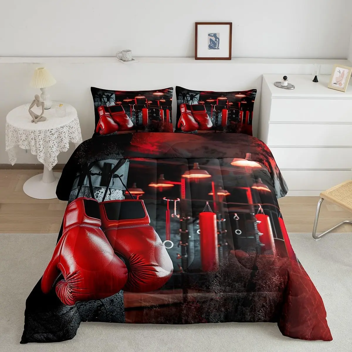 Boxing Bedding Set Sports Theme Comforter Set Men Red Boxing Gloves Pattern Comforter Pugilism Games Vintage Decor Quilt Set Bedding