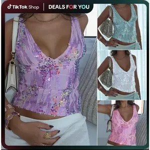 Women Sequin Tank Tops,Sparkly Deep V Neck Sleeveless Open Back Crop Vest, Casual Summer Streetwear, Ladies Top for Indoor Outdoor Wear, Ladies Top for Daily Wear