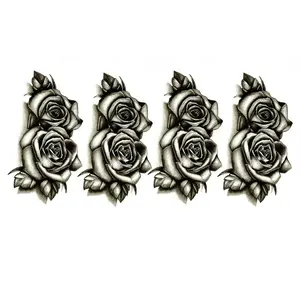 4Counts/Set Waterproof Temporary Tattoo Stickers - Black Double Rose Body Art Patches for Skin | Reusable Water-Resistant Fake Tattoo Designs for Parties and Events