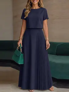 ZANZEA Women's Casual Style, Round Neck Plain Solid Short Sleeve Top, High Waist Pleated Skirt, Loose-Fitting, Ideal for Daily Wear