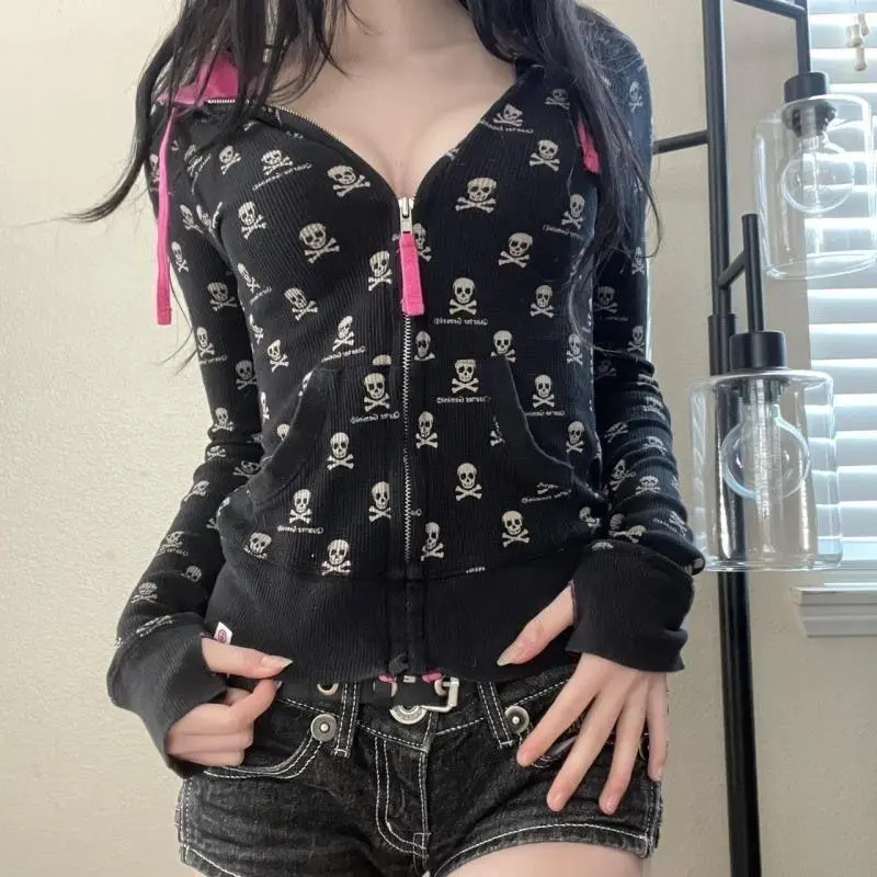 Skull Print Y2K Gothic Hoodie Women's Baddie Punk Slim Fit Streetwear Fall Winter Sweatshirt