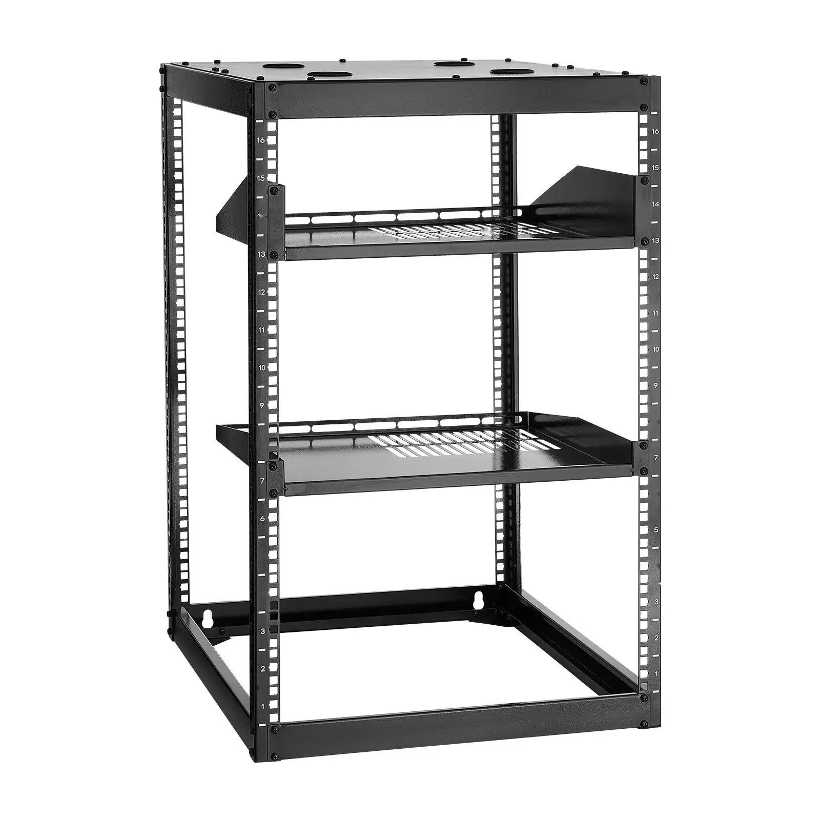 16U Open Frame Network Rack, Wall Mounted Server Rack, 4-Post With Shelves, Steel Cabinet for IT Equipment, Data Center Ready, Ventilated Doors, Adjustable Rails, Cable Management, Easy Assembly, Mounting Hardware Included