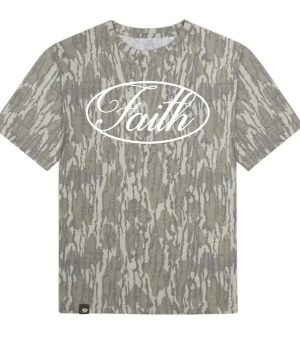 Men's Oval Faith Graphic Camo Tee - Retro Script Lettering Short Sleeve T-Shirt, Premium Vintage Tree Bark Camouflage Cotton Blend Crewneck Streetwear