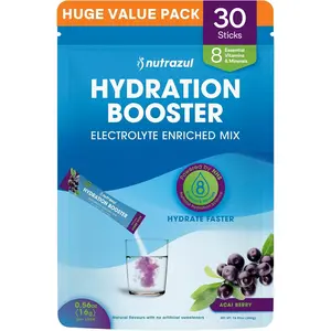 Nutrazul Hydration Booster, Electrolytes Powder Sticks with Sodium, Potassium, Vitamin B6 & B12, No Artificial Sweeteners, Acai Berry Flavor, 30 Sticks