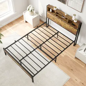 Twin/Full/Queen  Size Metal Platform Bed Frame with Storage Headboard - Built-in Charging Station (2 USB+2 Outlets), Bookcase Shelves, Noise-Free, No Box Spring Needed
