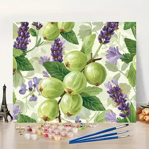 1Pcs Fresh Pattern of Gooseberries & Lavender Acrylic Paint by Numbers 16x20in Unframed Beginner DIY Fresh Elegant Style Decor for Bedroom Vanity Ideal Gift for Housewarming & Floral Lovers