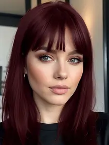 14 Inch Fashionable New Medium Long Straight Burgundy Wigs with Bangs, Synthetic Women's Wigs for Ordinary Work, Life, Dance Parties and All Occasions