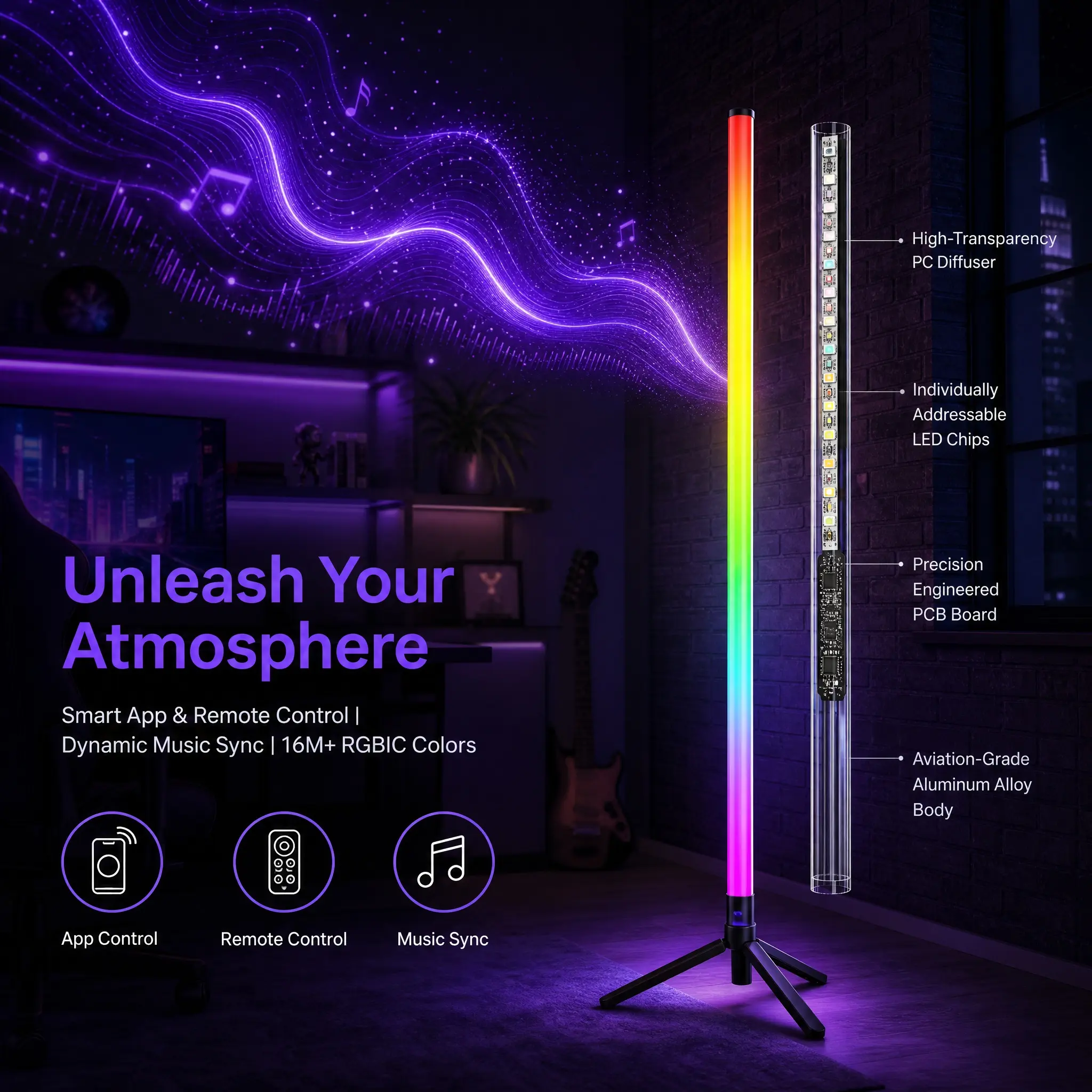 RGB Floor Lamp, Smart LED Corner Light with Music Sync, APP Control & Remote, Color Changing Mood Lighting for Bedroom Gaming Room, Colored Led Module Mood Lights
