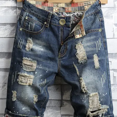 Men's Patched Ripped Denim Shorts, Distressed Jeans Shorts, Street Fashion Zipper Fly Pocket Denim Shorts for Summer, Fashion Men's Bottoms for Daily Wear, Casual Summer Shorts, Casual Fitted Shorts, Jeans Denim, Shorts with Pockets