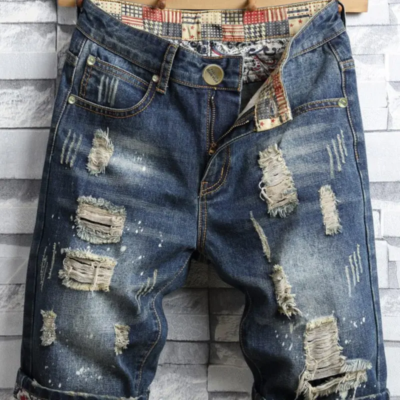 Men's Patched Ripped Denim Shorts, Distressed Jeans Shorts, Street Fashion Zipper Fly Pocket Denim Shorts for Summer, Fashion Men's Bottoms for Daily Wear, Casual Summer Shorts, Casual Fitted Shorts, Jeans Denim, Shorts with Pockets