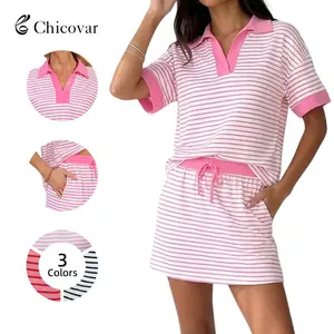 Chicovar Striped 2 Piece Outfits Casual Set  Short Sleeve V-Neck Polo Skort with Built-in Shorts & Pockets, Adjustable Waist, Stretchy & Comfortable, Lounge Sets, Athleisure, Comfyoutfit, Summervibes