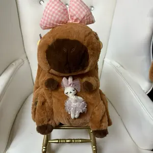 Capybara Backpack Pink Bow - Adorable Design with Pink Gingham Bow and Small Doll Companion