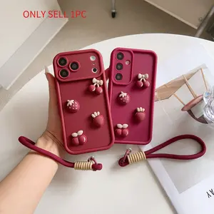 Suitable for Infinix Tecno series Note30/Note40/Note50/Smart7/Smart8/Smart9/Smart10/Hot30/Hot40/Hot50/Hot60/Spark10/Spark20/Spark30C/Spark40C  Wine red strawberry cherry accessory+woven lanyard phone case with detachable lanyard