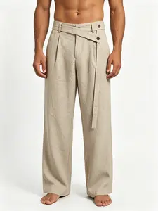 New Men's Linen Wide Leg Casual Pants, Asymmetrical Design, Breathable Cotton-Linen Fabric, Loose Fit, Relaxed Fit, Floor Length, All Seasons