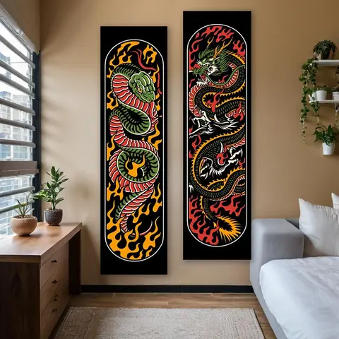Dragon & Serpent Pattern Wall Tapestry, 2 Counts/set Traditional Mythical Animal Totems Long Narrow Banner Tapestry, Decorative Tapestry, Wall Hanging for Bedroom and Living Room, Decor
