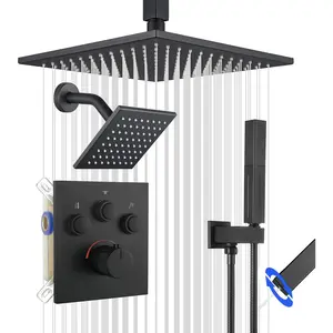 Thermostatic Shower System Matte Black, Push Button Diverter Shower Faucet with 2 in 1 Handheld, Ceiling Mount 12 Inch Shower Head with 6 Inch Wall Mount Shower Head