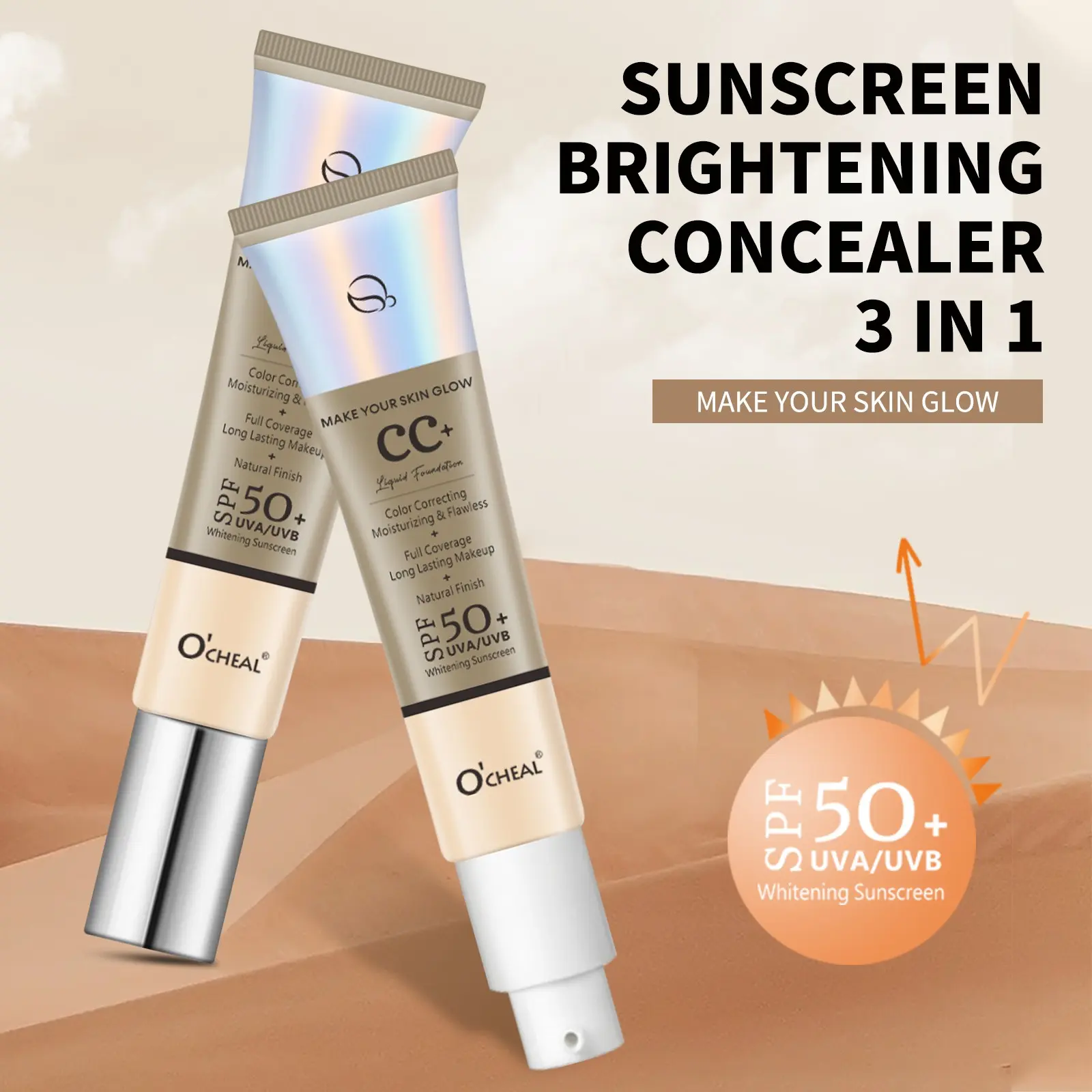 O'cheal CC Sunscreen Makeup Cream, Isolation Brightening Glow Foundation, Flawless Daily Skin Tint, Natural Waterproof Long-Lasting Concealer, Moisturizing Breathable SPF 50 Pa++ 30g