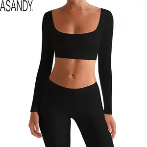 ASANDY Women's Square Neck Long-Sleeve Fitted Crop Top with Built-in Bra, Basic Workout Yoga Sports Tee