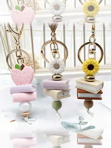 Cute Silicone Beaded Keychain with Daisy Flower,Book,Fruit Charms - Anti-Loss Lobster Clasp,Teacher Gift for Backpack,Keys,Bags - Birthday,Teacher's Day Present,Floral Backpack Charm,Bag Decoration,Daisy Book Charm,Silicone Beaded Keyring Pendant