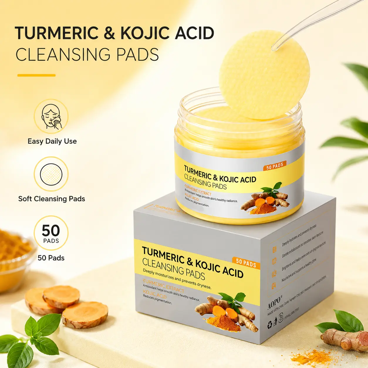 Turmeric & Kojic Acid Cleansing Pads, 50 Count Exfoliating Facial Toner Pads for Dull-Looking Skin, Uneven Tone & Dark Spot Care, Daily Skincare Pads for Smoother, More Radiant-Looking Skin