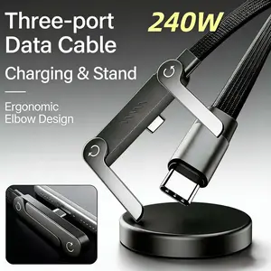 240W USB-C to USB-C Fast Charging Cable with Built-in Phone Stand, Right Angle Braided Type-C Cord for iPhone 15, iPad, MacBook, Gaming & Desk Use, PD 3.1 Durable Charger
