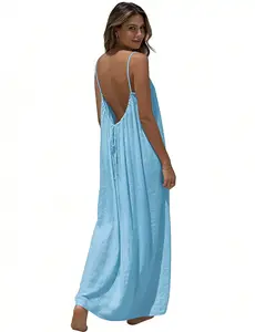 Women's Maxi Dress Spaghetti Strap Sleeveless Loose Fit Cami Sundress Backless Flowy Summer Beach Loungewear, Casual Sleeveless Dress for Summer, Ladies Clothes for Beach Holiday Vacation