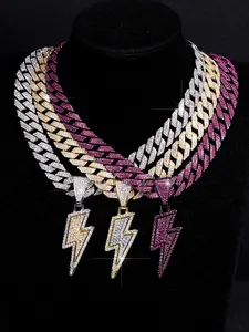 Street Punk Colorful Lightning Pendant Necklace, Iced Out Blingbling Chain, Perfect for Men Women, Night Party Festival Jewelry, Modern Versatile Accessories