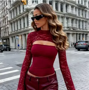 Elegant Lace Patchwork Long Sleeve Fitted Top, Sexy Hollow Out Design, Perfect for Bar Parties and Vacation, Versatile Women's Blouse