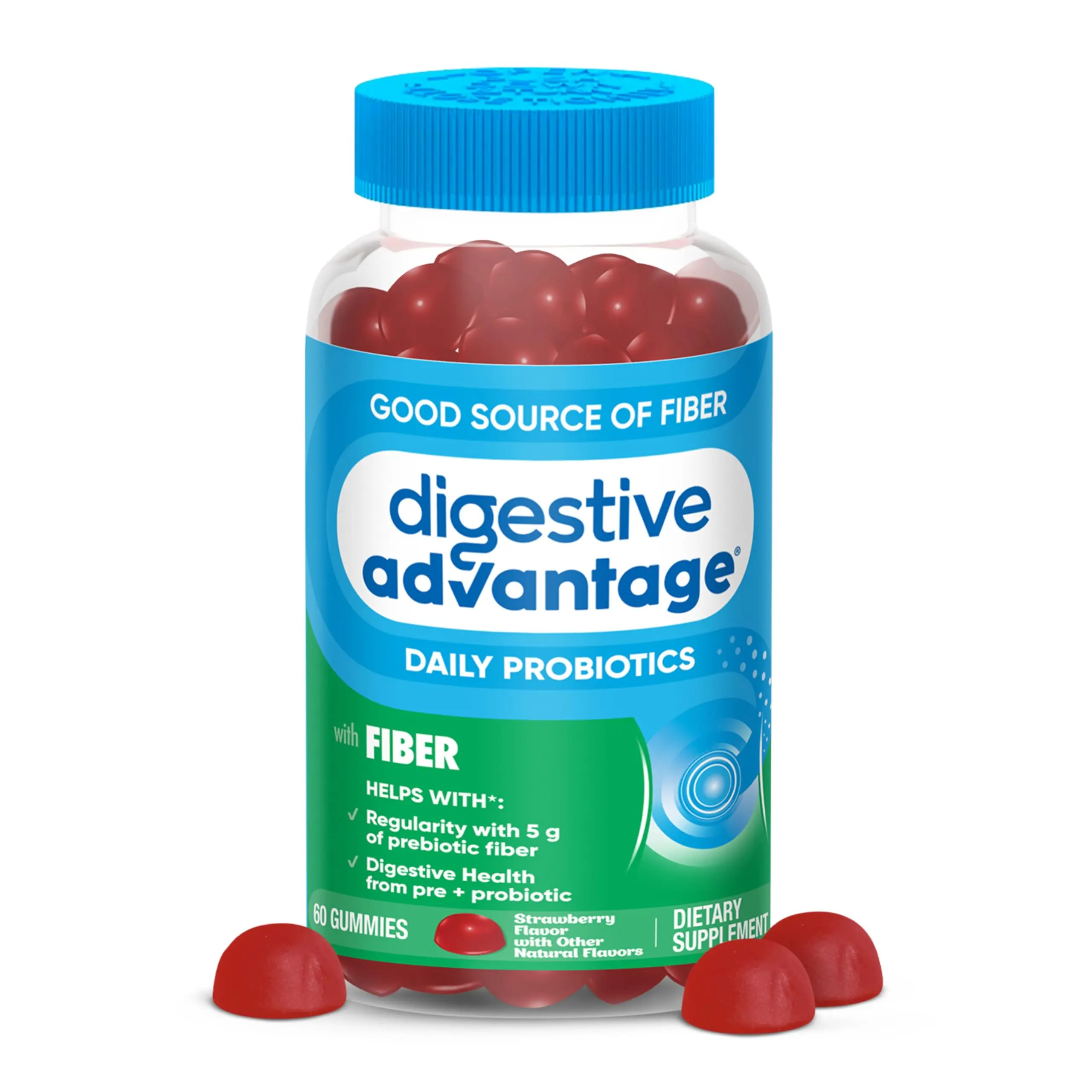 Digestive Advantage Prebiotic Fiber Gummies + Probiotics for Gut Health, 5g Prebiotic Fiber Plus 1 Billion CFU Probiotic, Supports Digestive Health & Regularity, (60ct Bottle) Strawberry Flavor