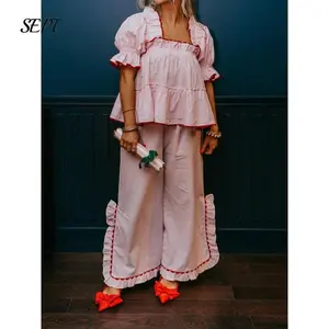 Women 2025 Christmas Pajamas Set In Pink Stripe/ Red Plaid Ruffle Sleevestop With Elastic Waist Long Pants 2piece Holiday Cute Clasic Fall SetsGift