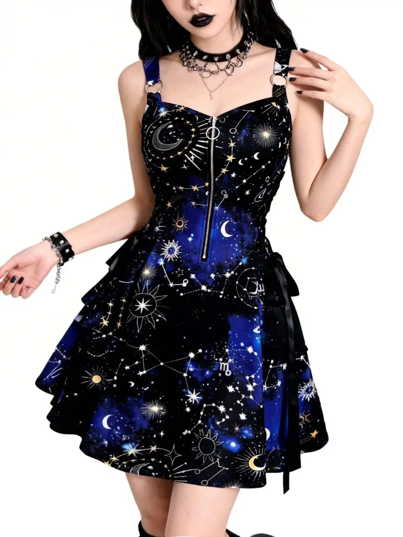 Women's Starry Sky Print Sleeveless Dress, Punk Style Moon & Stars Pattern, Streetwear Casual Everyday Fashion, Music Festival Wear, Young Trendy, Chic, Aesthetic, Summer, Outfit