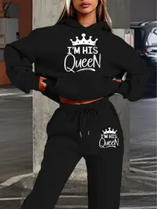 Autumn Winter Hoodie Set, Womenswear Outfits, I'm His Queen Crown Design, Sparkle Letter Decor, Casual Fitted Style, All-Season Comfort