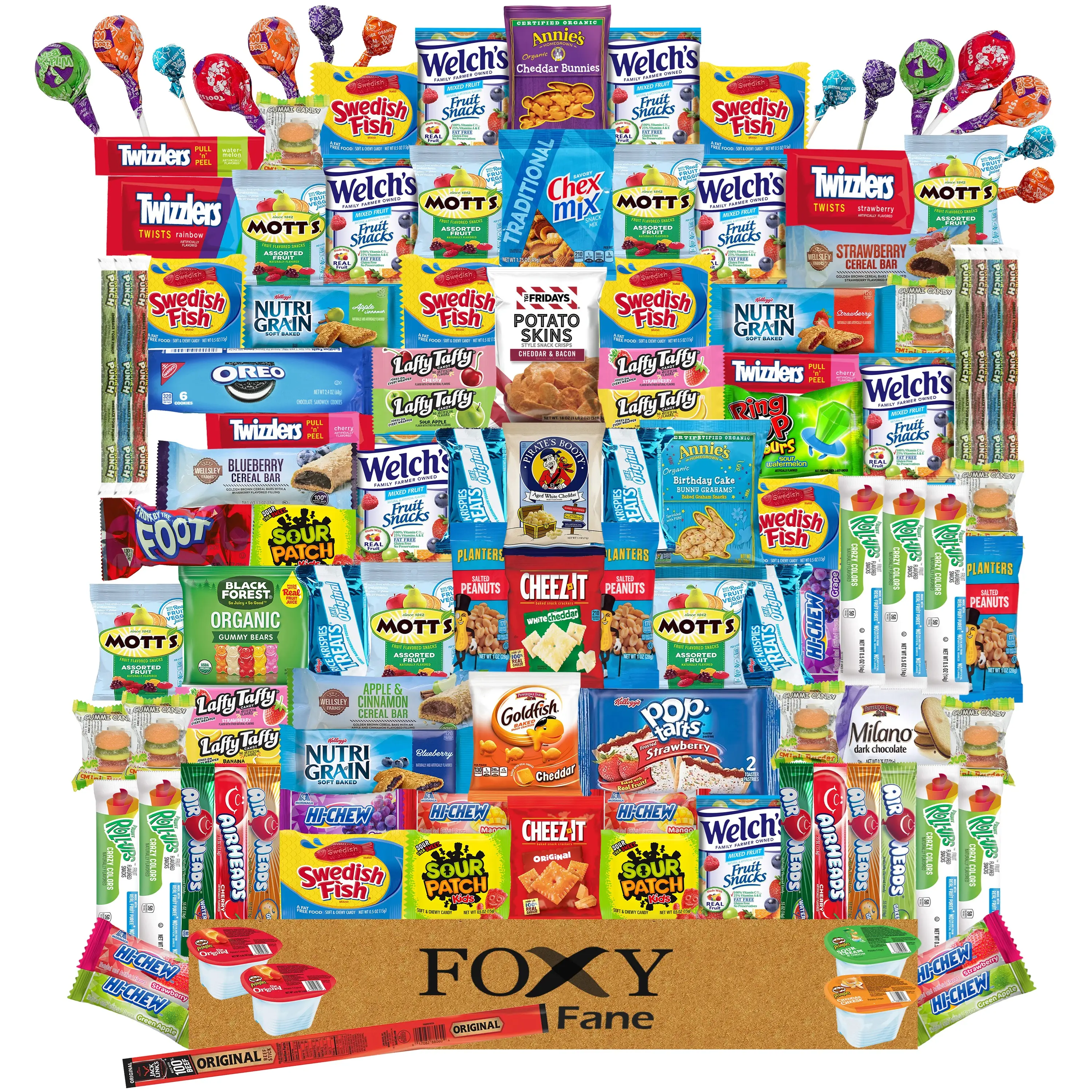 Foxy Fane 120 count Deluxe Snack Box - Ultimate Gift Care Package with Variety Assortment of Crackers, Cookies, Candy, Chips & other Snacks - Bulk Bundle of Delicious Treats (120 Snacks)