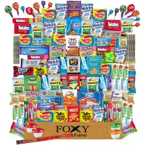 Foxy Fane 120 count Deluxe Snack Box - Ultimate Gift Care Package with Variety Assortment of Crackers, Cookies, Candy, Chips & other Snacks - Bulk Bundle of Delicious Treats (120 Snacks)